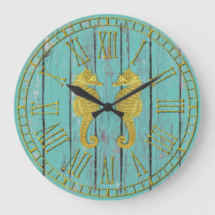 Gold Seahorses Your Color Weathered Wood Large Clock