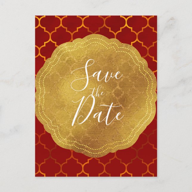 Gold Seal Foil Fiery Red Indian Save the Date Announcement Postcard (Front)