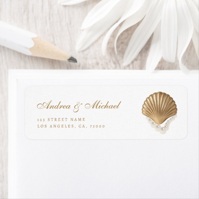 Gold Seashell Coastal Wedding Address Label Return Address Label (Insitu)