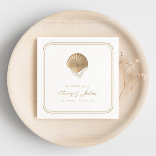 Gold Seashell Coastal Wedding Drink Napkin