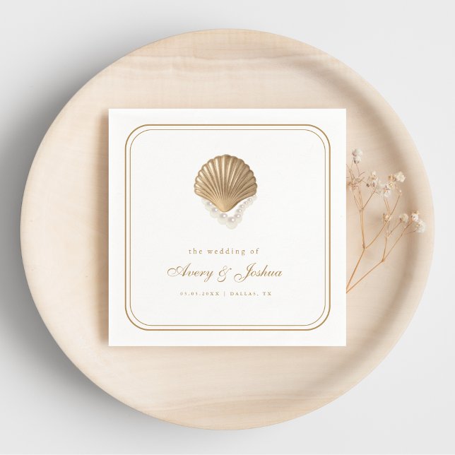 Gold Seashell Coastal Wedding Drink Napkin (Creator Uploaded)