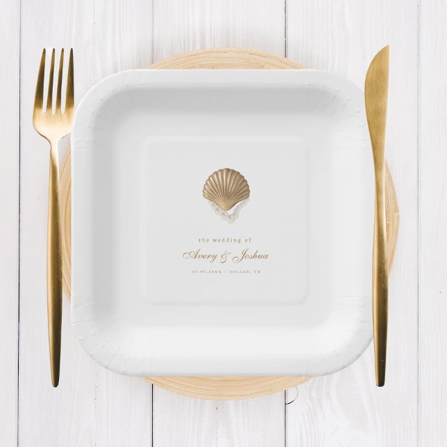 Gold Seashell Coastal Wedding Drink Paper Plate (Creator Uploaded)