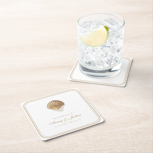Gold Seashell Coastal Wedding Drink Square Paper Coaster (Insitu)