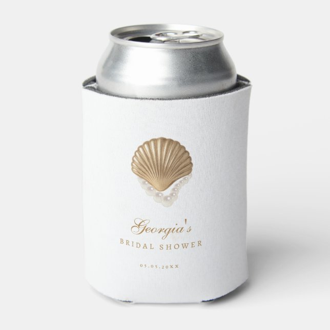 Gold Seashell Custom Coastal Bridal Shower Favour Can Cooler (Can Front)