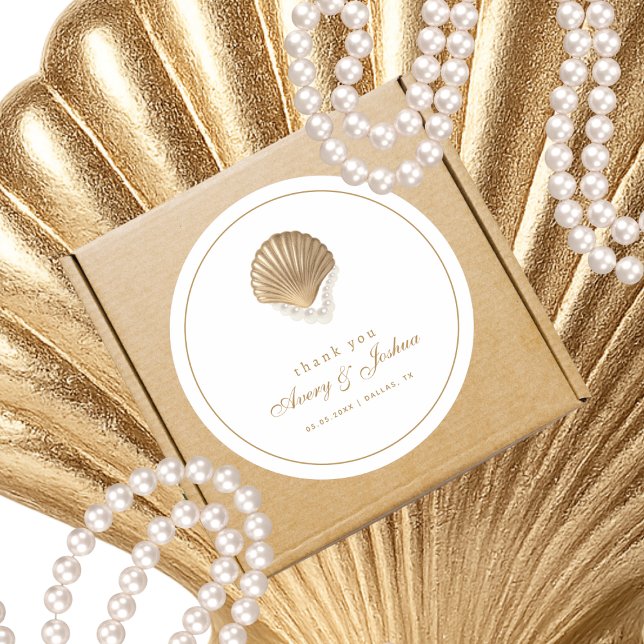 Gold Seashell Custom Coastal Wedding Favour Classic Round Sticker (Creator Uploaded)