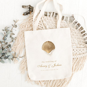 Gold Seashell Custom Coastal Wedding Favour Tote Bag