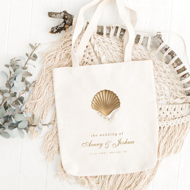 Gold Seashell Custom Coastal Wedding Favour Tote Bag (Creator Uploaded)