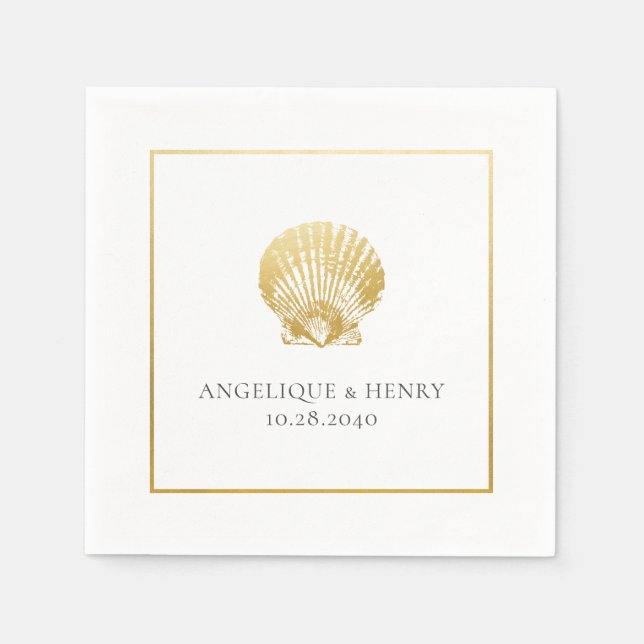Gold Seashell Custom Names Beach Wedding Napkin (Front)