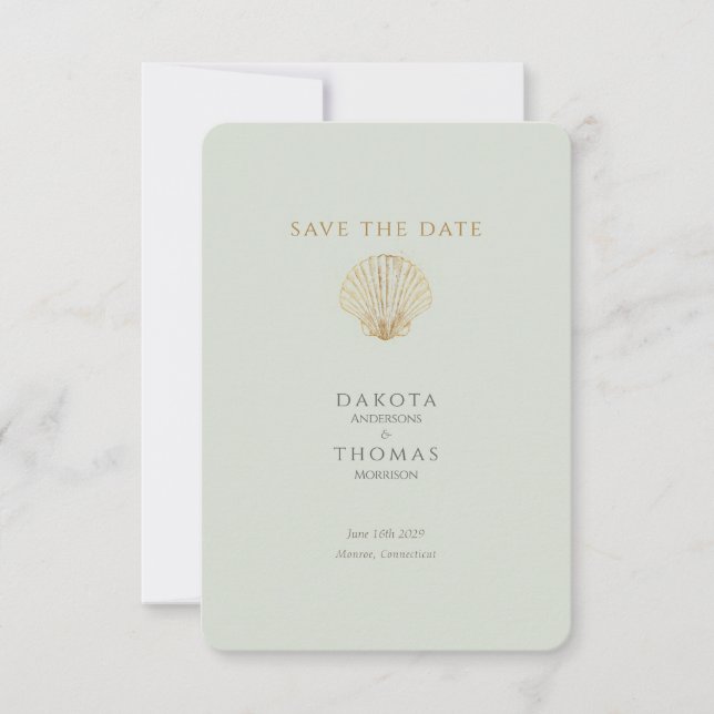 Gold Seashell Mute Sage Wedding Save the Date (Front)