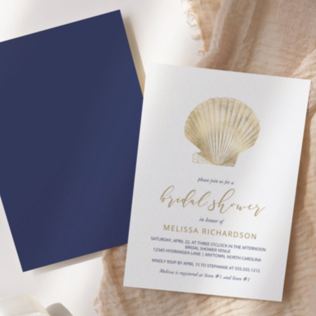 Gold Seashell Navy Blue Beach Bridal Shower Invitation (Creator Uploaded)