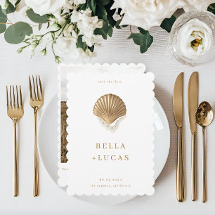Gold Seashell & Pearls QR Code Coastal Wedding Save The Date