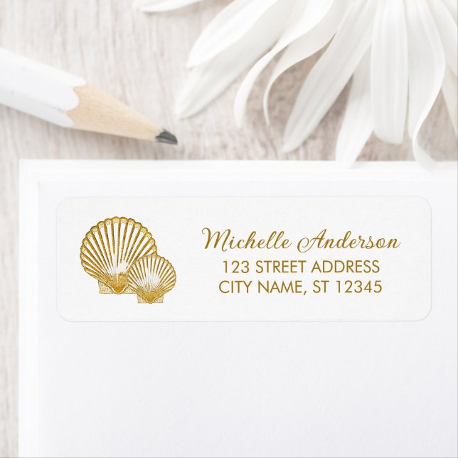 Gold Seashell Scallop Nautical Return Address      Label (Insitu)