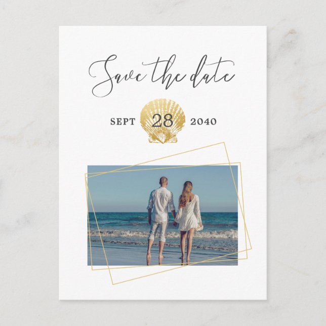 Gold Seashell Simple Modern Beach Wedding Announcement Postcard (Front)
