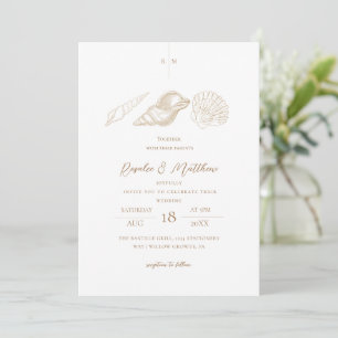 Gold Seashells Elegant Minimalist Wedding  Invitation