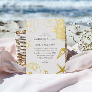 Gold Seashells Elegant Wedding Foil Invitation