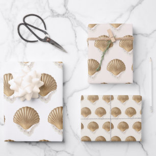 Gold Seashells Pearls Birthday Bridal Shower Gift Wrapping Paper Sheet