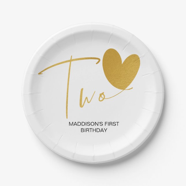 Gold Second Birthday Kids Party Decor Two Birthday Paper Plate (Front)