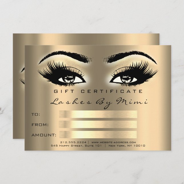 Gold Sepia Lashes Makeup Artist Certificate Gift Invitation (Front/Back)