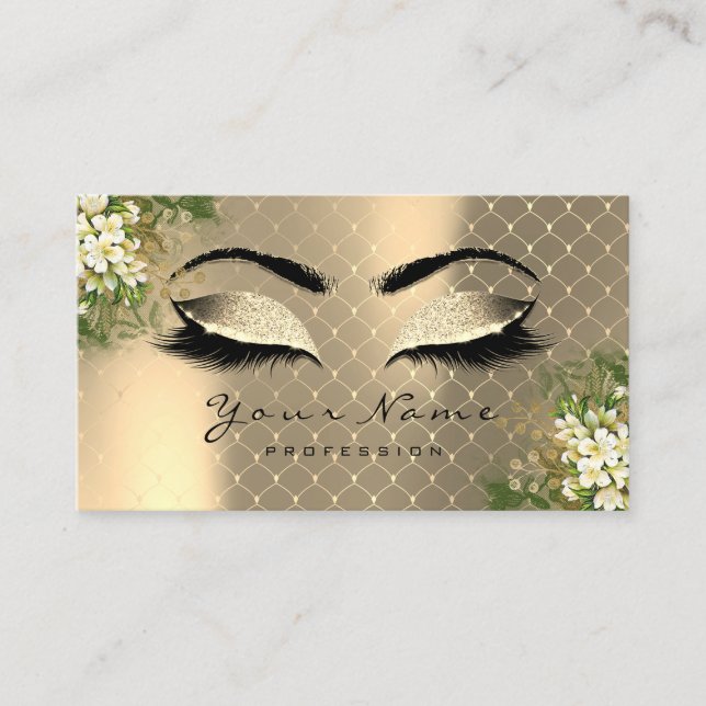 Gold Sepia Metallic Makeup Artist Lashes Floral Business Card (Front)