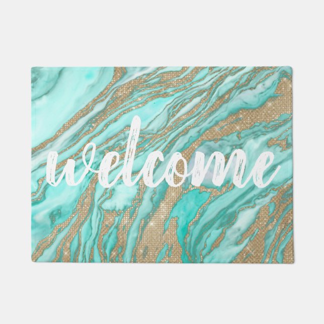Gold Sequin Glitter Teal Smoky Marble Doormat (Front)