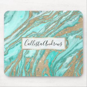 Gold Sequin Glitter Teal Smoky Marble Mouse Pad