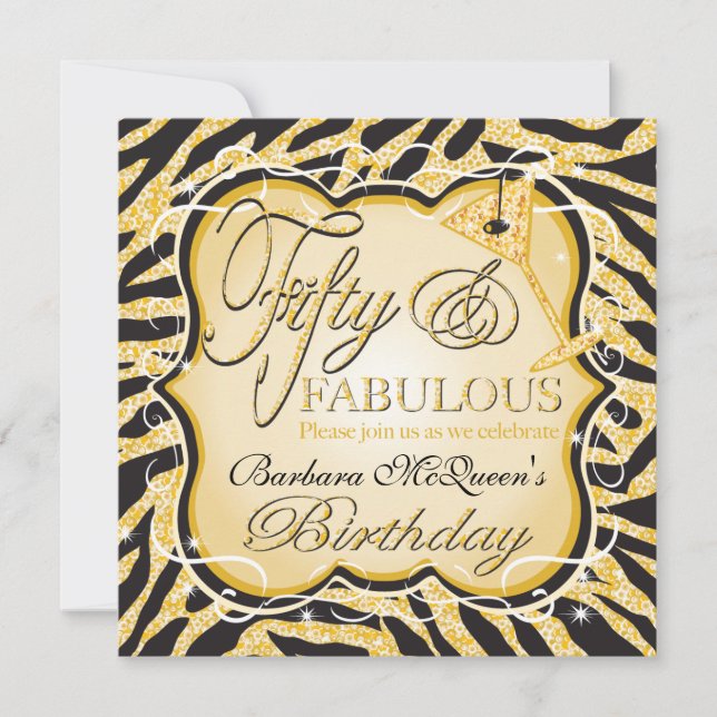 Gold Sequin Zebra 50th Birthday Party Invitations (Front)