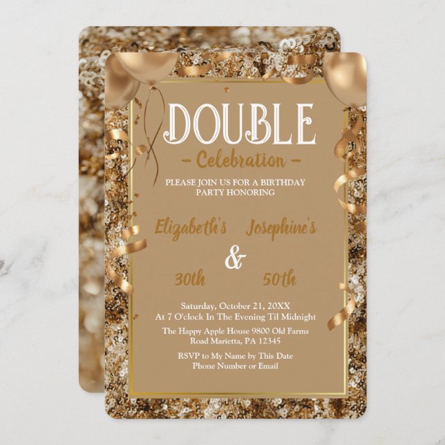 Gold Sequins Adult double Joint Birthday Party Invitation (Front/Back)