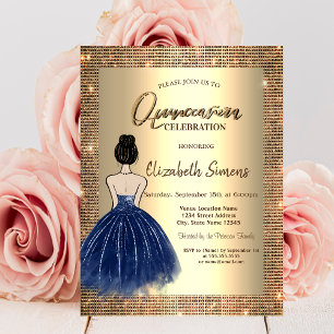 Gold Sequins,Blue Dress Girl Quinceañera Invitation