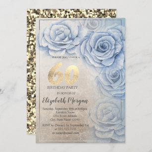Gold Sequins Blue Roses 60th Birthday  Invitation