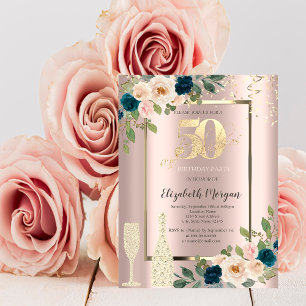 Gold Sequins,Blue Roses Champagne 50th Birthday  Invitation