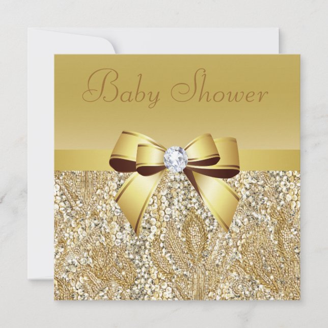 Gold Sequins, Bow & Diamond Baby Shower Invitation (Front)