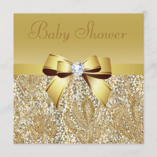 Gold Sequins, Bow & Diamond Baby Shower Invitation
