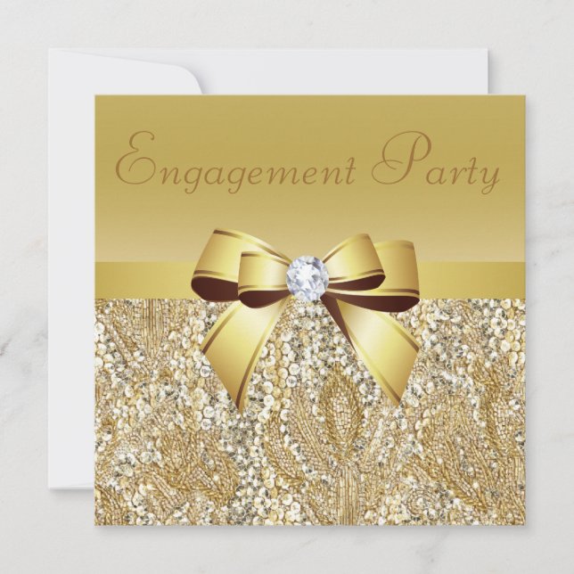 Gold Sequins, Bow & Diamond Engagement Party Invitation (Front)