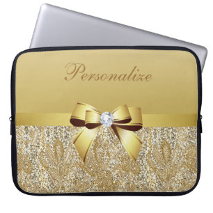 Gold Sequins, Bow & Diamond Personalised Laptop Sleeve