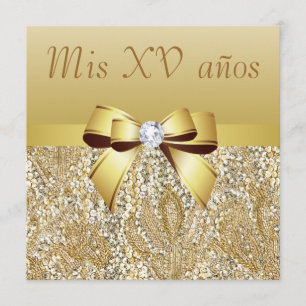 Gold Sequins, Bow & Diamond Quinceanera Invitation