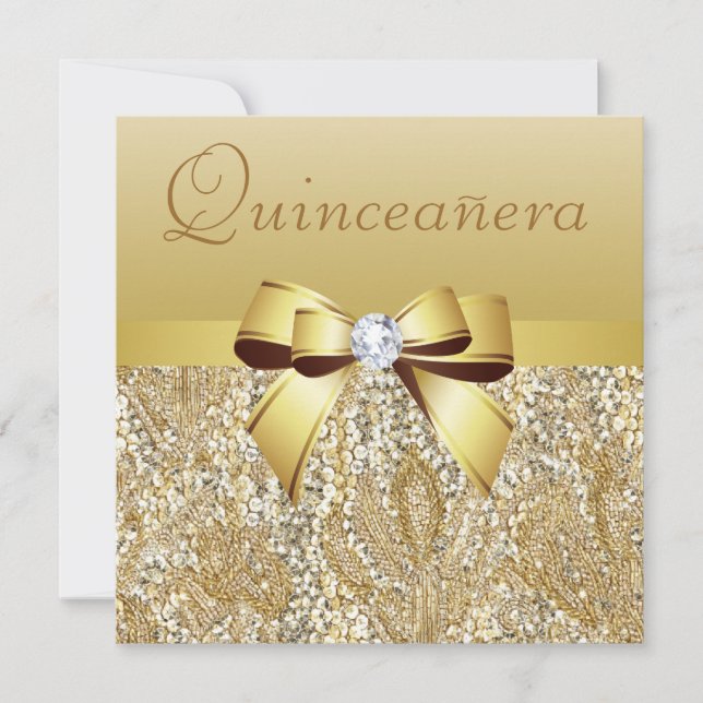 Gold Sequins, Bow & Diamond Quinceanera Invitation (Front)