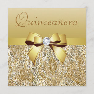 Gold Sequins, Bow & Diamond Quinceanera Invitation