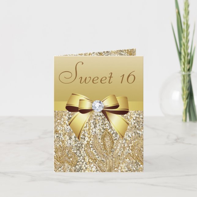 Gold Sequins, Bow & Diamond Sweet 16 Invitation (Front)