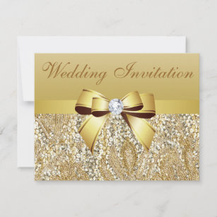Gold Sequins, Bow & Diamond Wedding Invitation
