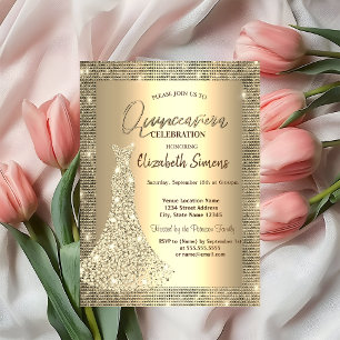 Gold Sequins,Chic Diamonds Dress Quinceañera Invitation