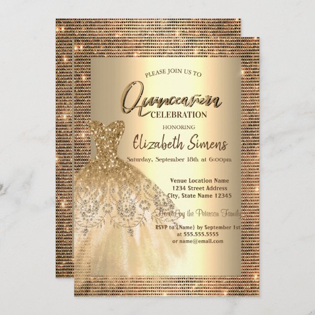 Gold Sequins,Chic Dress Quinceañera  Invitation (Front/Back)