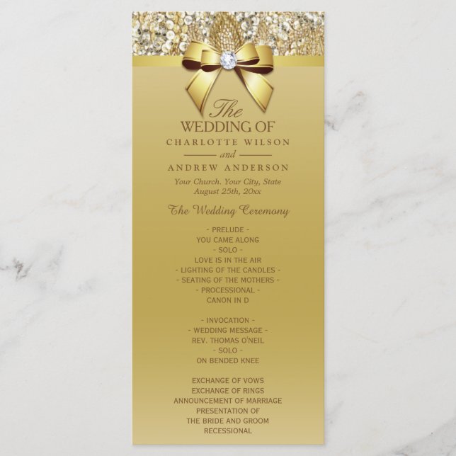 Gold Sequins Diamond Bow Wedding Program (Front)