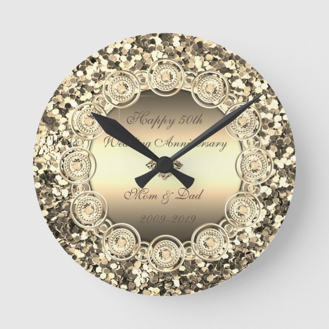Gold Sequins Diamonds  50th Wedding Anniversary Round Clock (Front)