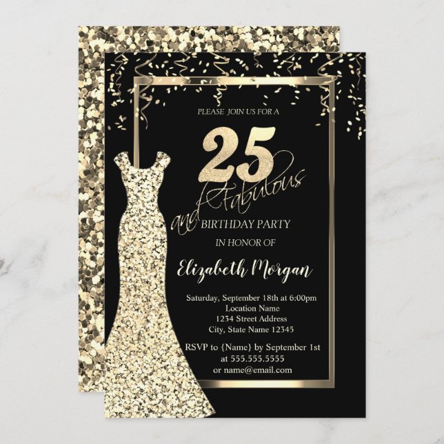 Gold Sequins Dress Black 25th Birthday  Invitation (Front/Back)