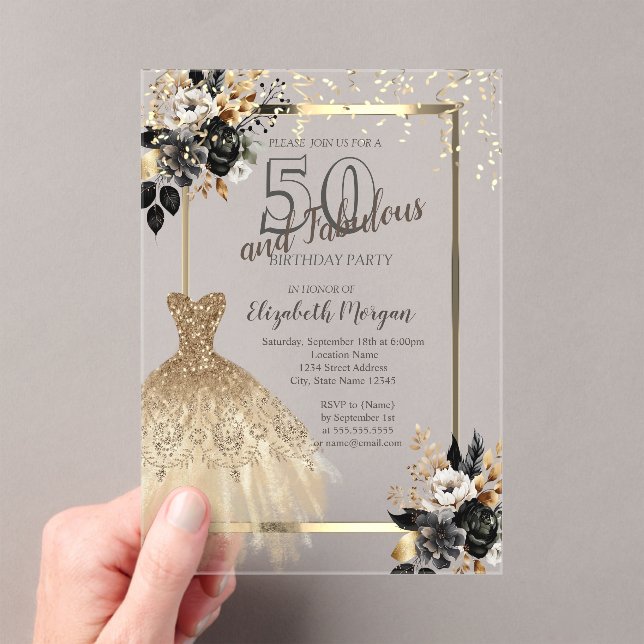 Gold Sequins Dress Black Roses 50th Birthday  Acrylic Invitations (Insitu (Handheld))