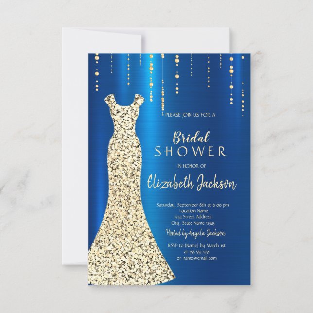 Gold Sequins Dress,Blue Metallic Bridal Shower Invitation (Front)