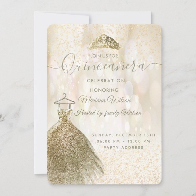 Gold sequins dress bokeh tiara Quinceañera Invitation (Front)