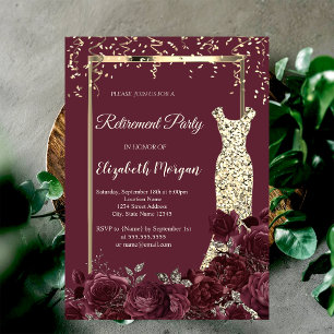 Gold Sequins Dress Burgundy Roses Retirement Party Invitation