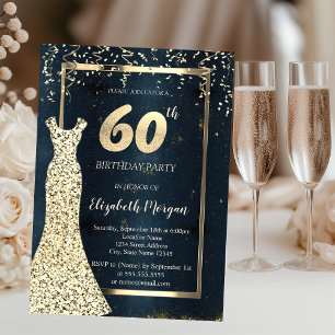 Gold Sequins Dress Dark,Frame, Blue 60th Birthday Invitation