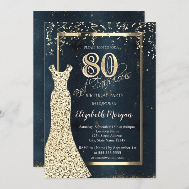 Gold Sequins Dress Dark,Frame, Blue 80th Birthday  Invitation (Front/Back)